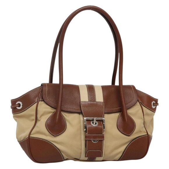 PRADA Shoulder Bag Nylon Leather Beige Silver Auth ki5925 - Picture 1 of 16